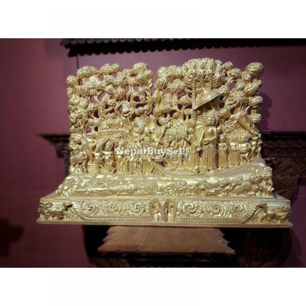 Wooden Carved Lord Gautam Buddha on Lumbini Yatra Handcarved on Wood With Gold Paint - 1