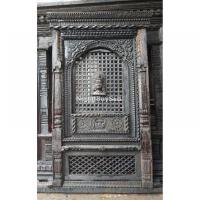 Intricately Handcarved Old Newari Window with Lord Bhairab on Panel