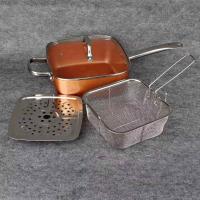 Ceramic Non-Stick Pan Copper Square Pan Induction Chef Glass Lid Fry Basket Steam Rack 4 Piece Set